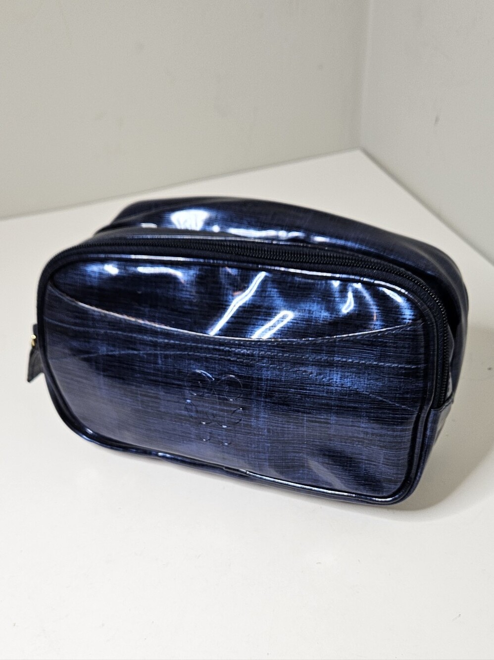 Guerlain Vinyl Cosmetic Bag Blue Glossy Exterior Bifold Zipper Pockets Orange